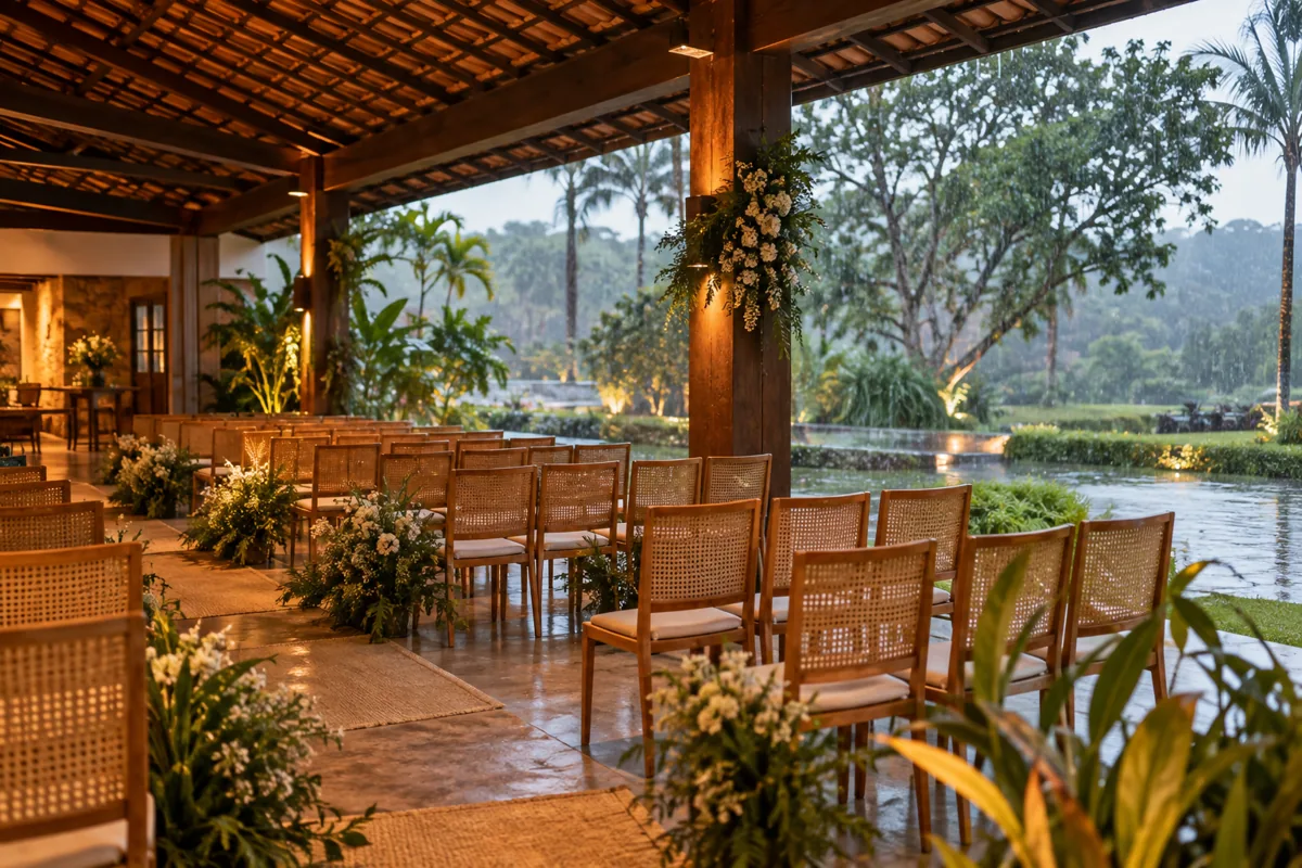 Cerimônia protegida por uma varanda, com chuva no jardim.
