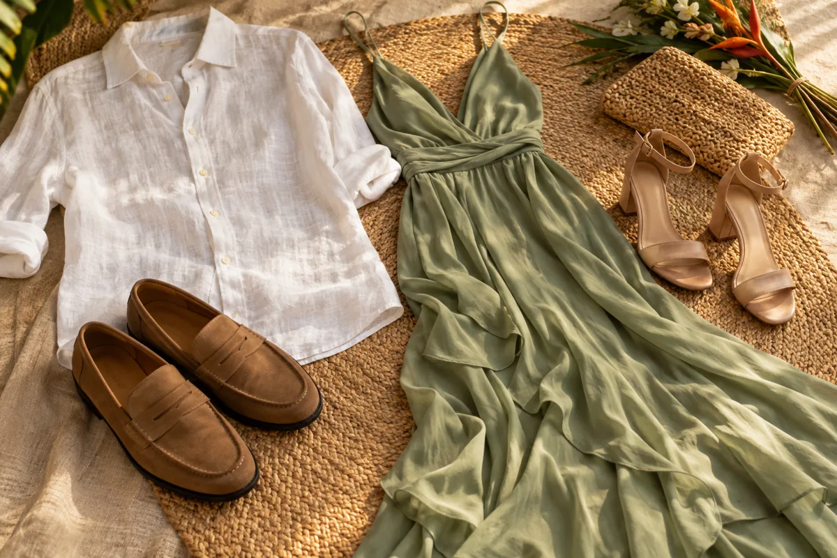 Roupas leves e calçados adequados para festa ao ar livre.