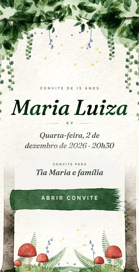 Capa do convite animado Floresta Encantada em Aquarela